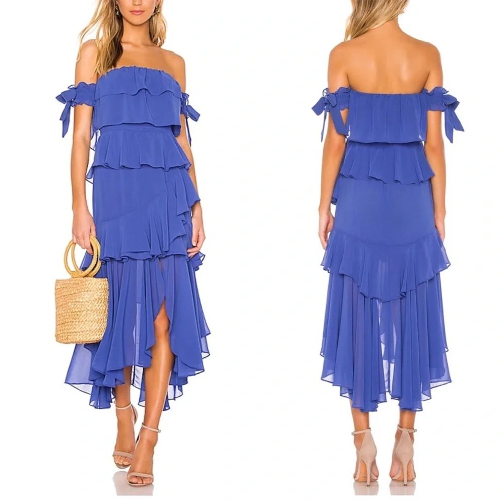 NWT MISA Los Angeles Isidora Dress Sz L Tiered Ruffle Off Shoulder Midi Romantic - Picture 1 of 12